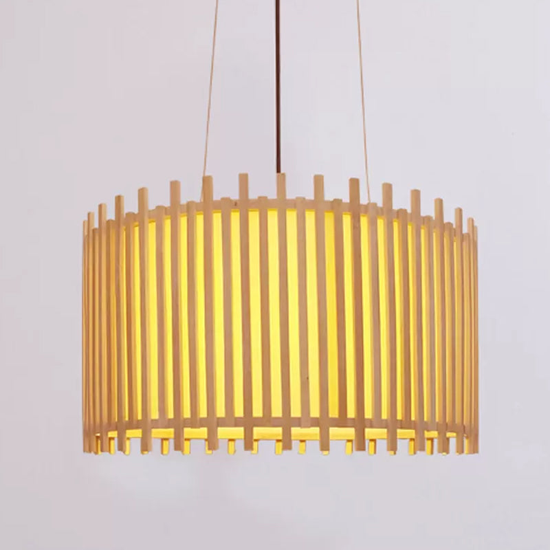 Bamboo Drum Suspension Light - Contemporary Ceiling Pendant in Beige - 1 Bulb, Wide Design