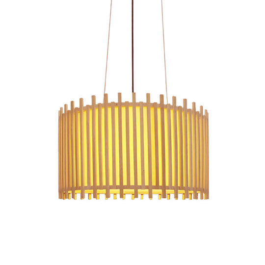 Bamboo Drum Suspension Light - Contemporary Ceiling Pendant in Beige - 1 Bulb, Wide Design