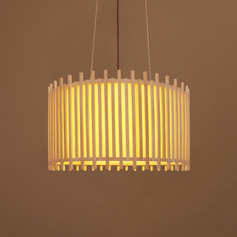 Bamboo Drum Suspension Light - Contemporary Ceiling Pendant in Beige - 1 Bulb, Wide Design