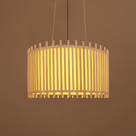 Contemporary Bamboo Drum Suspension Light - 1 Bulb 17/21.5 Wide Beige Ceiling Pendant