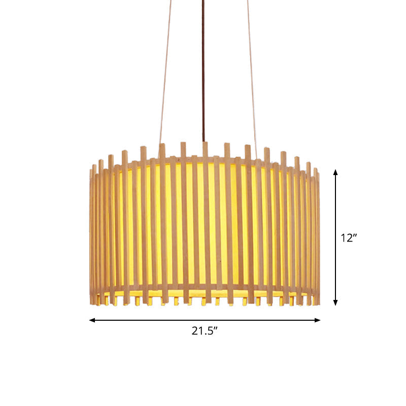 Bamboo Drum Suspension Light - Contemporary Ceiling Pendant in Beige - 1 Bulb, Wide Design