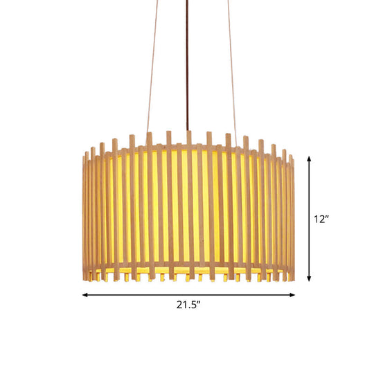 Contemporary Bamboo Drum Suspension Light - 1 Bulb 17/21.5 Wide Beige Ceiling Pendant