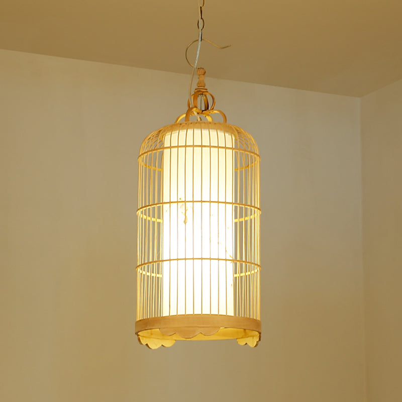 Bamboo Birdcage Dining Room Pendant Light in Beige - 9.5"/14"/16" Wide - Asian Style 1-Light Fixture