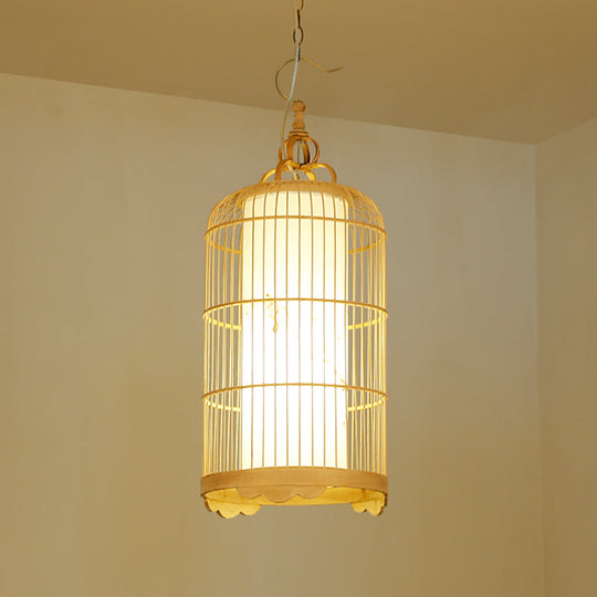 Bamboo Birdcage Dining Room Pendant Light in Beige - 9.5"/14"/16" Wide - Asian Style 1-Light Fixture