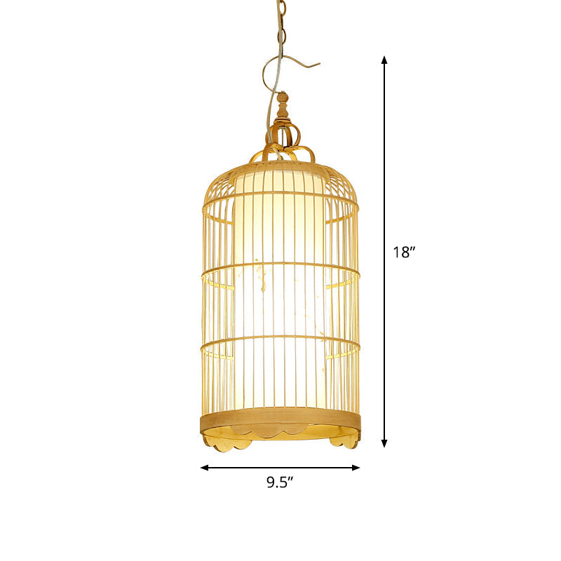 Bamboo Birdcage Dining Room Pendant Light in Beige - 9.5"/14"/16" Wide - Asian Style 1-Light Fixture