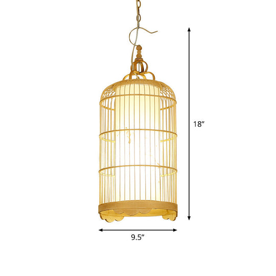 Bamboo Birdcage Dining Room Pendant Light in Beige - 9.5"/14"/16" Wide - Asian Style 1-Light Fixture