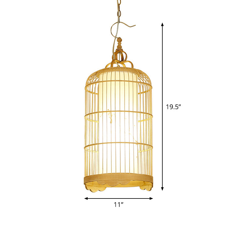 Bamboo Birdcage Dining Room Pendant Light in Beige - 9.5"/14"/16" Wide - Asian Style 1-Light Fixture