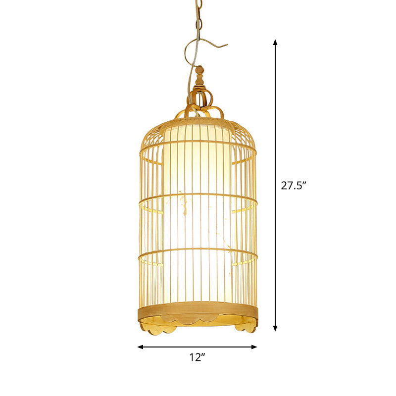 Bamboo Birdcage Dining Room Pendant Light in Beige - 9.5"/14"/16" Wide - Asian Style 1-Light Fixture