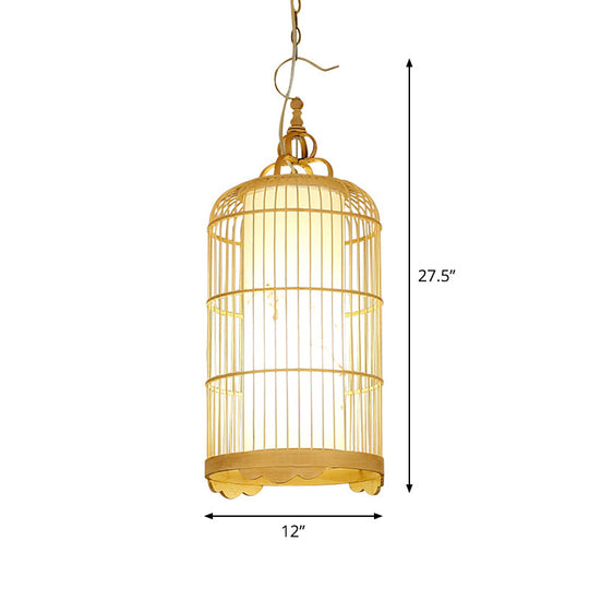 Bamboo Birdcage Dining Room Pendant Light in Beige - 9.5"/14"/16" Wide - Asian Style 1-Light Fixture