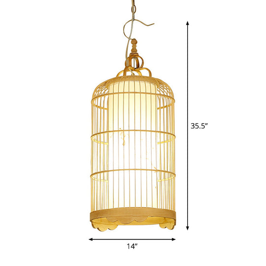 Bamboo Birdcage Dining Room Pendant Light in Beige - 9.5"/14"/16" Wide - Asian Style 1-Light Fixture