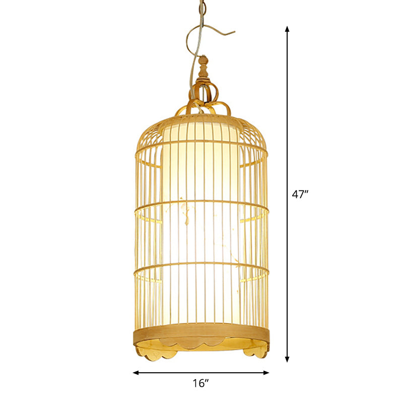 Bamboo Birdcage Dining Room Pendant Light in Beige - 9.5"/14"/16" Wide - Asian Style 1-Light Fixture