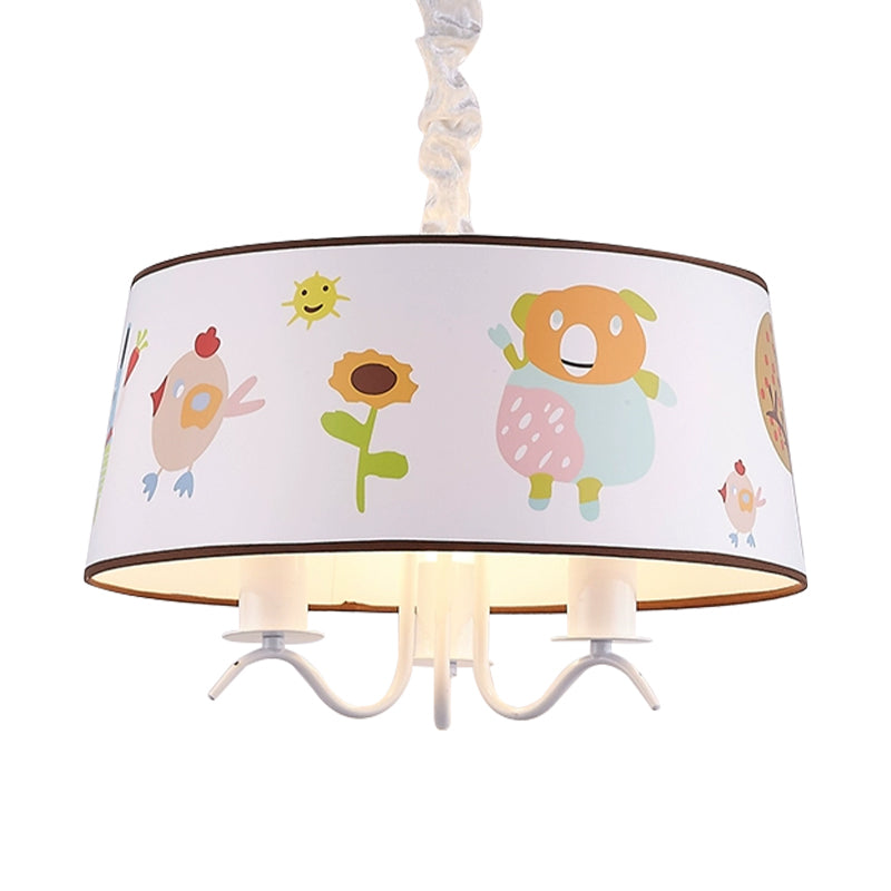 Kid-Friendly White Fabric Drum Chandelier With Cute Animal Pendant Light