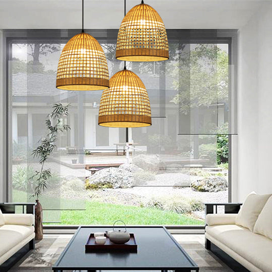 Chinese Bamboo Hand-Twisted Bell Ceiling Pendant In Beige Single Living Room Hanging Lamp 16/19.5