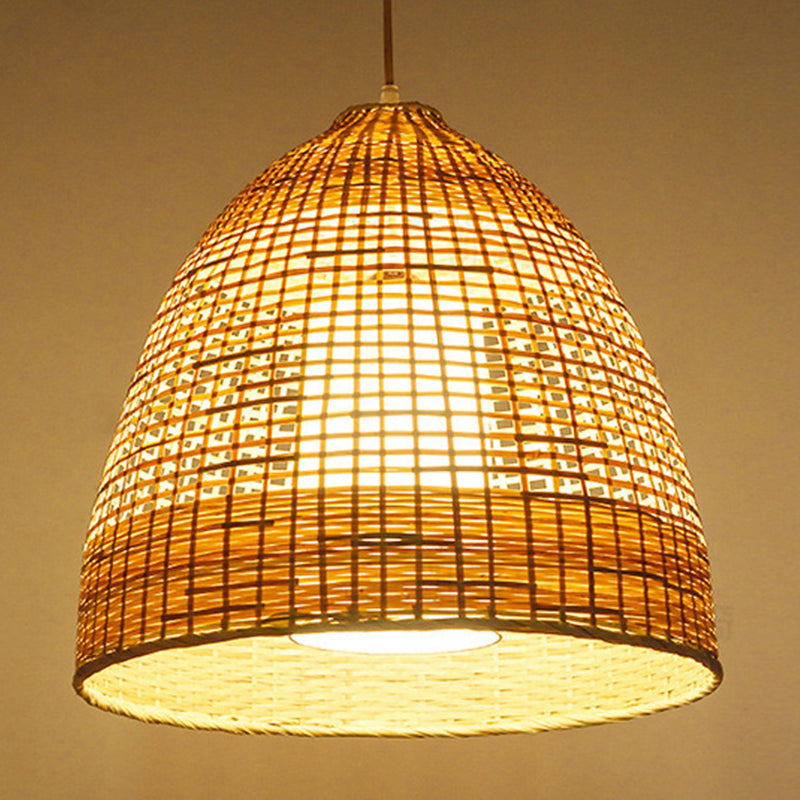 Chinese Bamboo Hand-Twisted Bell Ceiling Pendant Lamp - Single, Beige - 16"/19.5" Width - Living Room Hanging Light