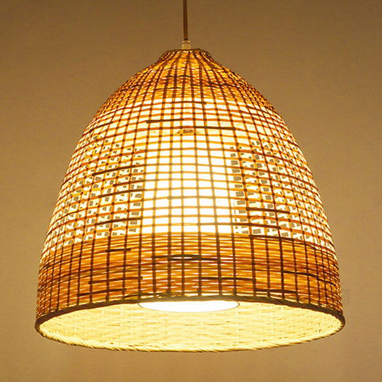 Chinese Bamboo Hand-Twisted Bell Ceiling Pendant Lamp - Single, Beige - 16"/19.5" Width - Living Room Hanging Light