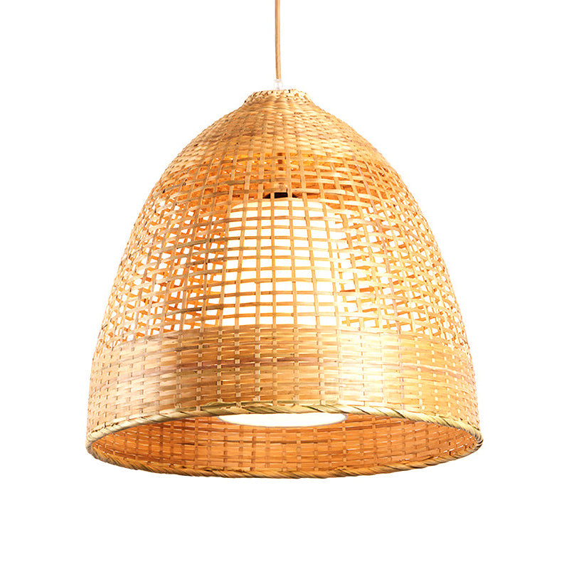 Chinese Bamboo Hand-Twisted Bell Ceiling Pendant In Beige Single Living Room Hanging Lamp 16/19.5