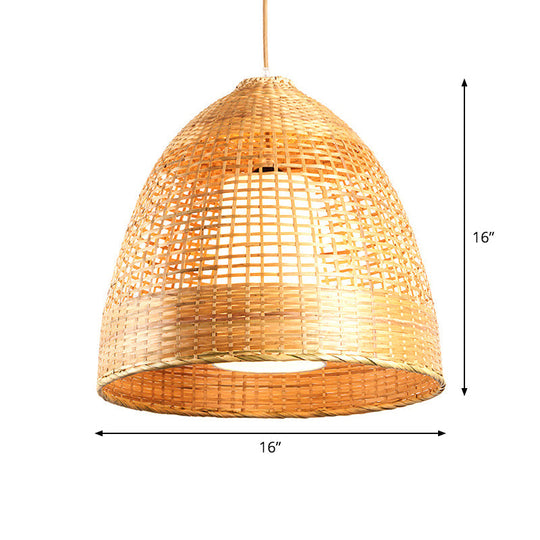 Chinese Bamboo Hand-Twisted Bell Ceiling Pendant Lamp - Single, Beige - 16"/19.5" Width - Living Room Hanging Light