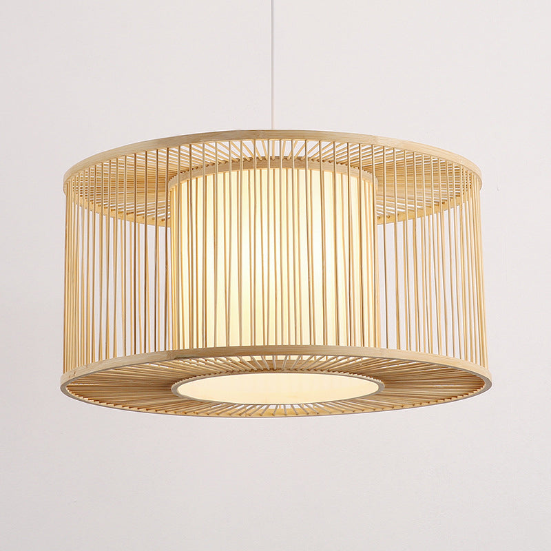 Asia Beige Bamboo Drum Pendant Light for Kitchen Bar - 1-Light Hanging Pendant, Multiple Sizes Available (16"/19.5"/23.5" W)