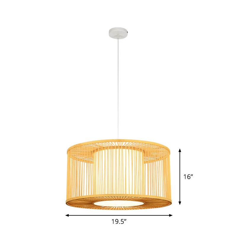 Asia Beige Bamboo Pendant Light For Kitchen Bar - 1-Light Pendulum With Drum Shade Multiple Width