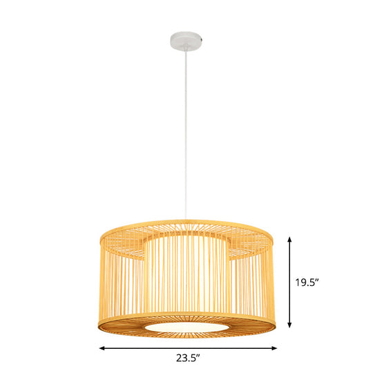 Asia Beige Bamboo Drum Pendant Light for Kitchen Bar - 1-Light Hanging Pendant, Multiple Sizes Available (16"/19.5"/23.5" W)