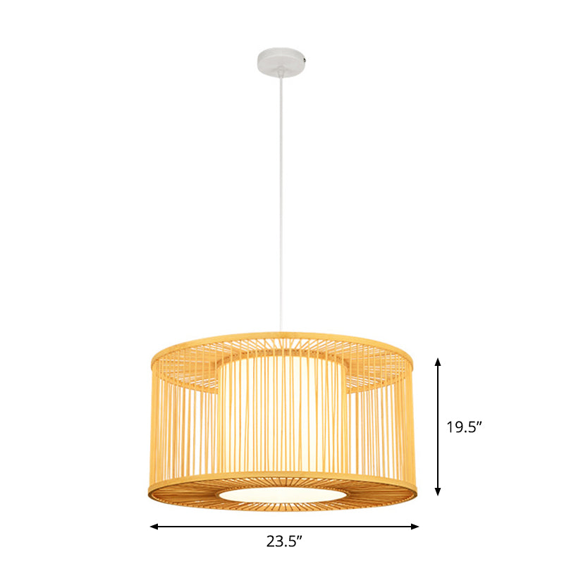 Asia Beige Bamboo Pendant Light For Kitchen Bar - 1-Light Pendulum With Drum Shade Multiple Width