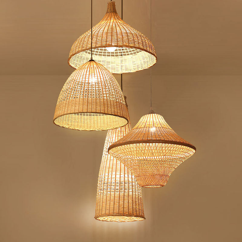 Bamboo Woven Single-Bulb Beige Pendant Lamp: Chinese Gourd/Basket Design for Dining Room Suspension