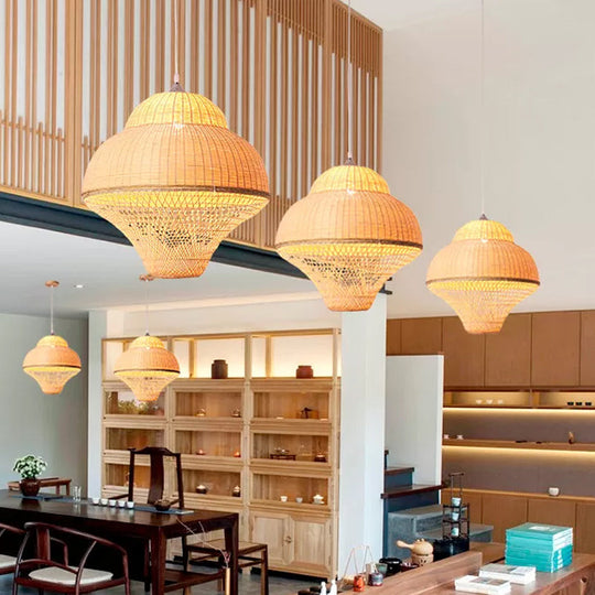 Bamboo Woven Single-Bulb Beige Pendant Lamp: Chinese Gourd/Basket Design for Dining Room Suspension