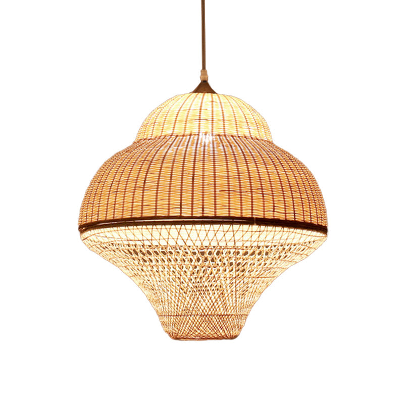 Bamboo Woven Single-Bulb Beige Pendant Lamp: Chinese Gourd/Basket Design for Dining Room Suspension