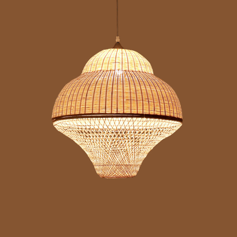 Bamboo Woven Single-Bulb Beige Pendant Lamp: Chinese Gourd/Basket Design for Dining Room Suspension