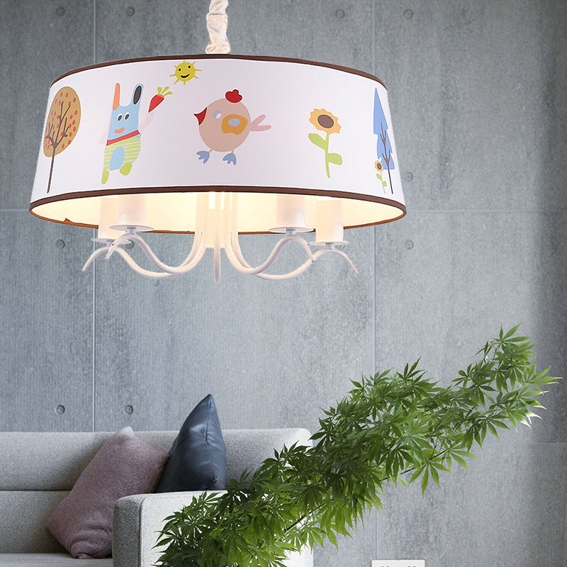 Kid-Friendly White Fabric Drum Chandelier With Cute Animal Pendant Light