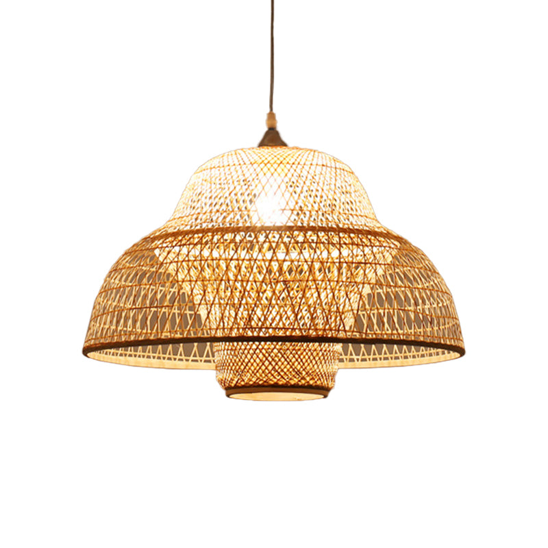 Bamboo Woven Single-Bulb Beige Pendant Lamp: Chinese Gourd/Basket Design for Dining Room Suspension