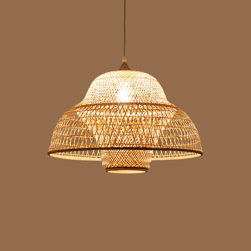 Bamboo Woven Single-Bulb Beige Pendant Lamp: Chinese Gourd/Basket Design for Dining Room Suspension