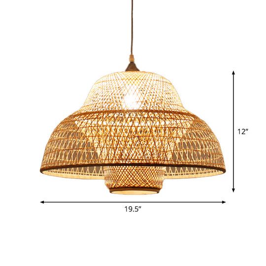 Chinese Bamboo Woven Gourd/Basket Pendant Lamp - Single-Bulb Beige