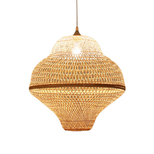 Bamboo Woven Single-Bulb Beige Pendant Lamp: Chinese Gourd/Basket Design for Dining Room Suspension