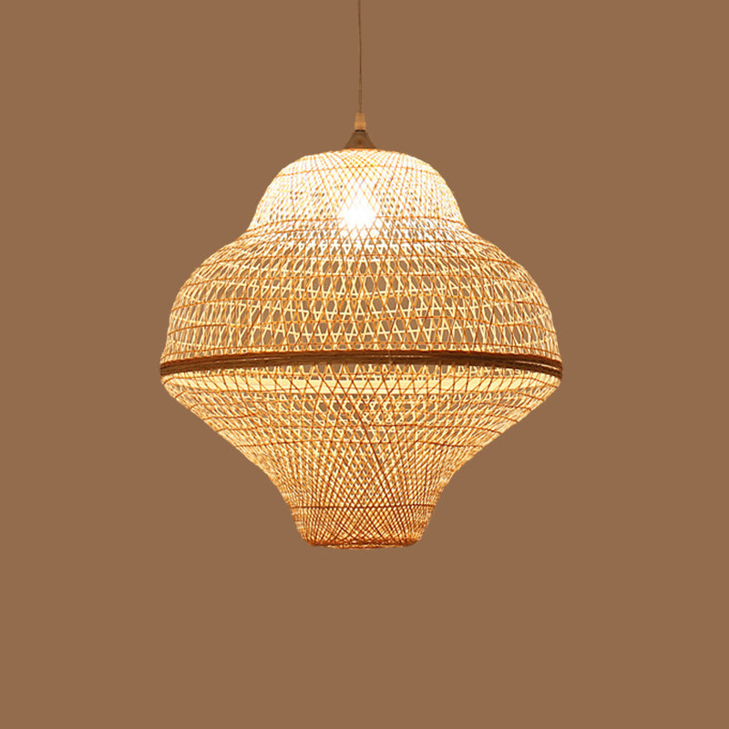 Bamboo Woven Single-Bulb Beige Pendant Lamp: Chinese Gourd/Basket Design for Dining Room Suspension