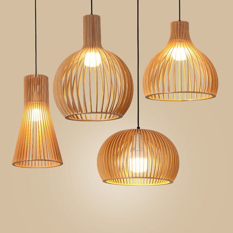 Asian-inspired Wood Bowl/Lantern Hanging Light in Beige - 1-Light Down Lighting Pendant for Restaurants