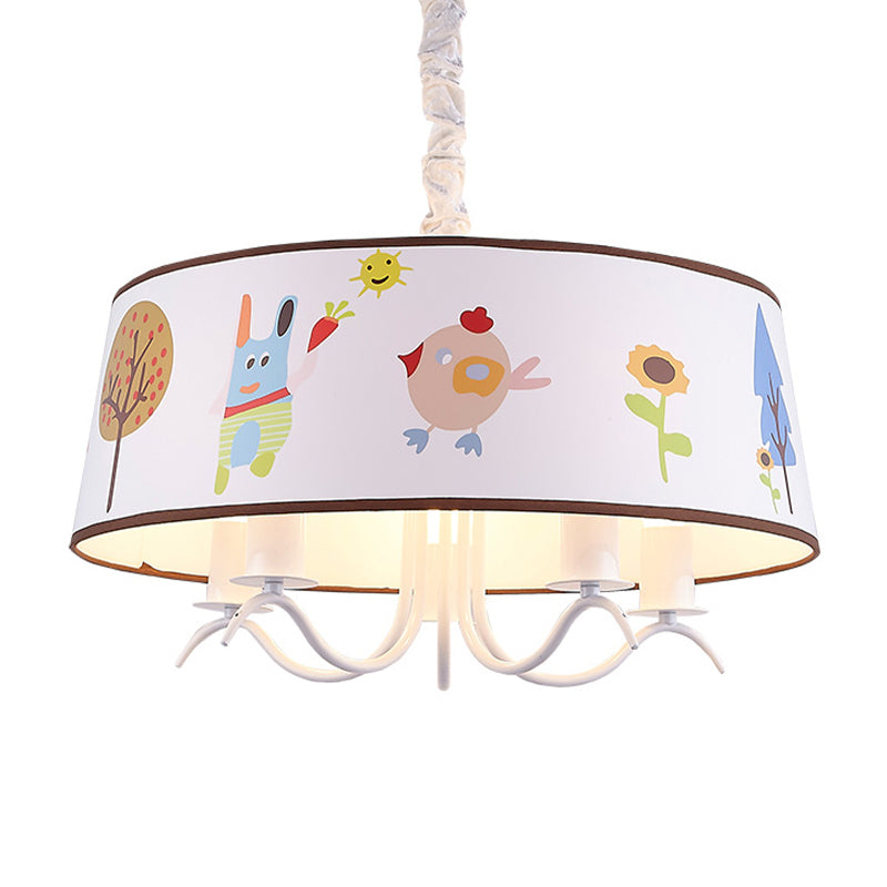 Kid-Friendly White Fabric Drum Chandelier With Cute Animal Pendant Light