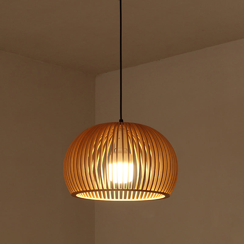 Asian-inspired Wood Bowl/Lantern Hanging Light in Beige - 1-Light Down Lighting Pendant for Restaurants