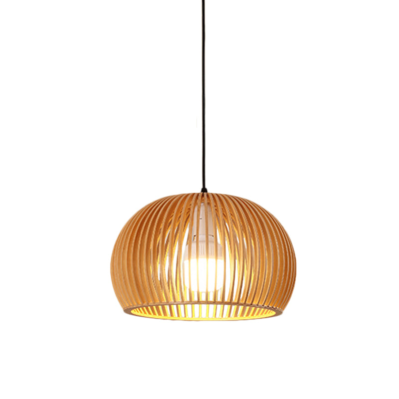 Asian-inspired Wood Bowl/Lantern Hanging Light in Beige - 1-Light Down Lighting Pendant for Restaurants