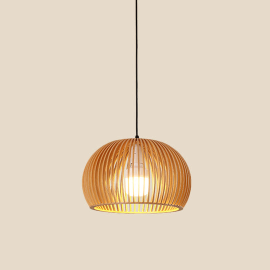 Asian-inspired Wood Bowl/Lantern Hanging Light in Beige - 1-Light Down Lighting Pendant for Restaurants