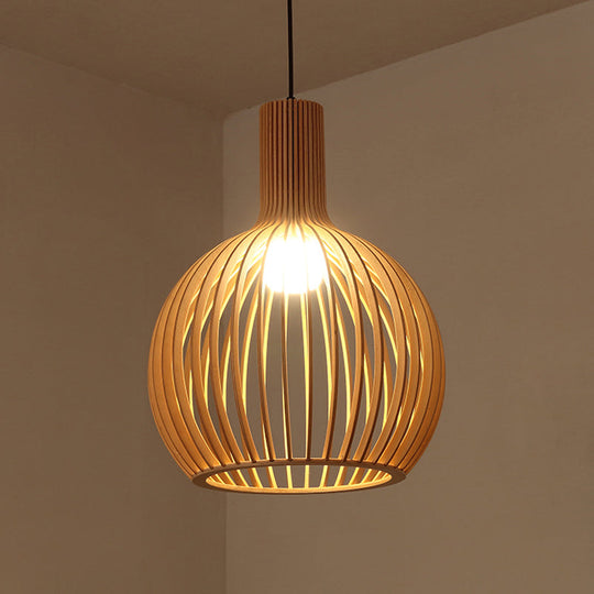 Asian-inspired Wood Bowl/Lantern Hanging Light in Beige - 1-Light Down Lighting Pendant for Restaurants