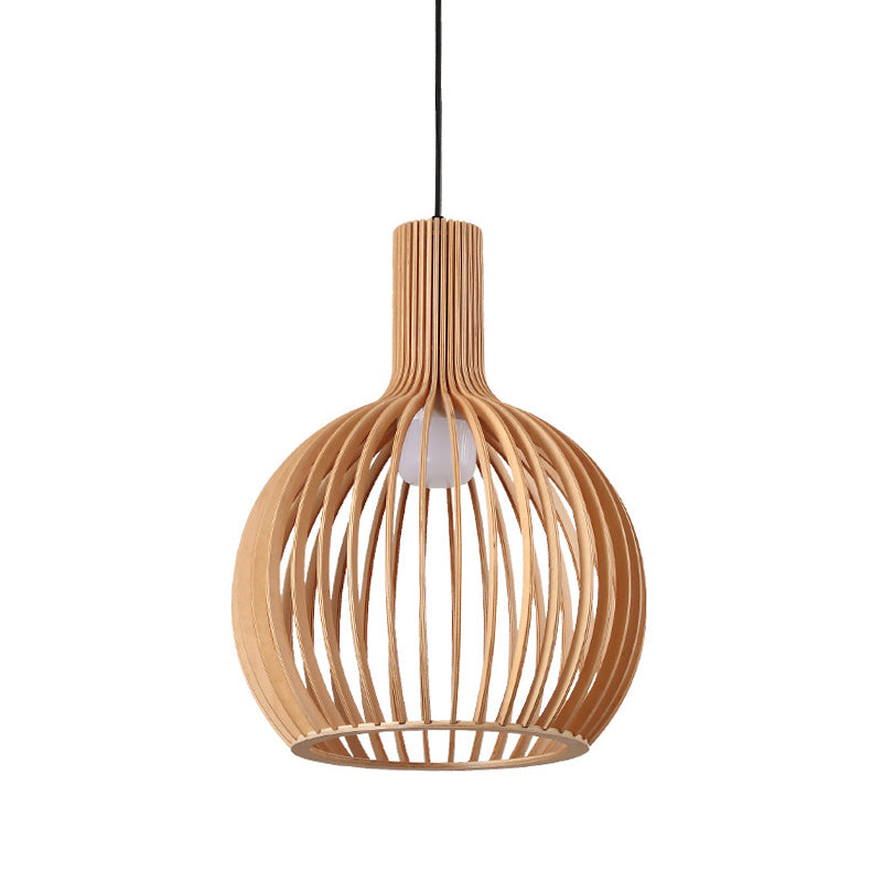 Asian-inspired Wood Bowl/Lantern Hanging Light in Beige - 1-Light Down Lighting Pendant for Restaurants