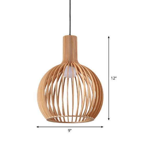 Asian-inspired Wood Bowl/Lantern Hanging Light in Beige - 1-Light Down Lighting Pendant for Restaurants