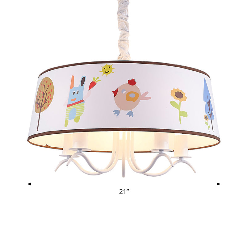 Kid-Friendly White Fabric Drum Chandelier With Cute Animal Pendant Light