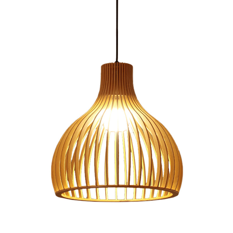 Asian-inspired Wood Bowl/Lantern Hanging Light in Beige - 1-Light Down Lighting Pendant for Restaurants