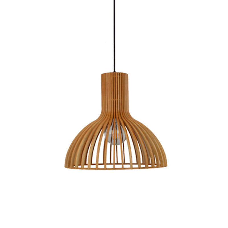 Asian-inspired Wood Bowl/Lantern Hanging Light in Beige - 1-Light Down Lighting Pendant for Restaurants