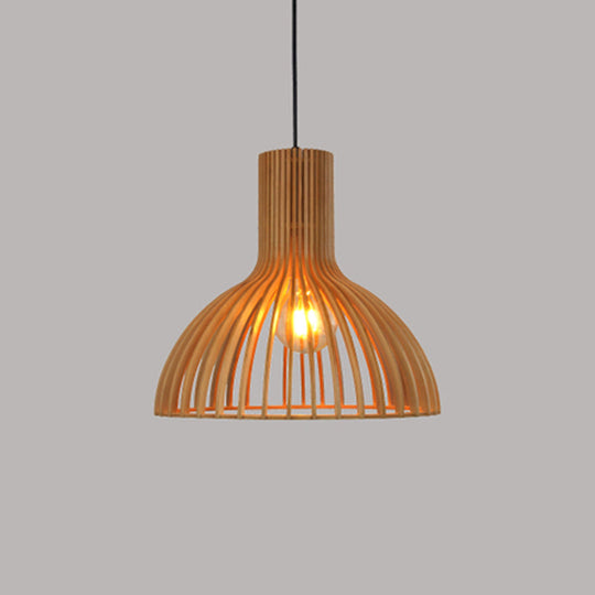 Asian-inspired Wood Bowl/Lantern Hanging Light in Beige - 1-Light Down Lighting Pendant for Restaurants