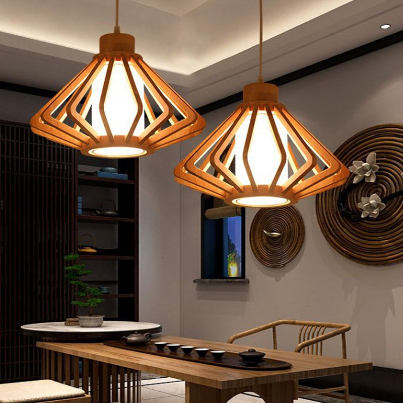 Asian-inspired Wood Bowl/Lantern Hanging Light in Beige - 1-Light Down Lighting Pendant for Restaurants