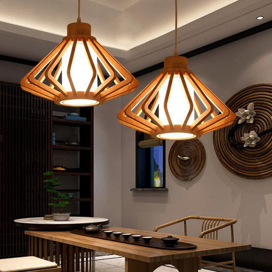 Asian-inspired Wood Bowl/Lantern Hanging Light in Beige - 1-Light Down Lighting Pendant for Restaurants