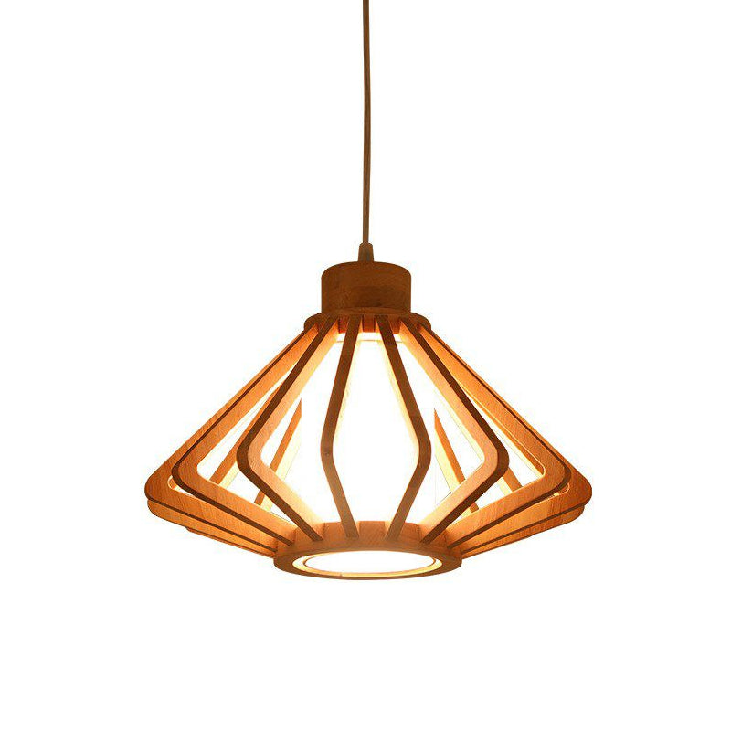 Asian-inspired Wood Bowl/Lantern Hanging Light in Beige - 1-Light Down Lighting Pendant for Restaurants